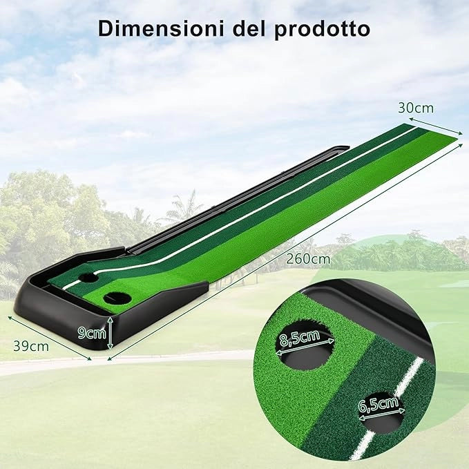 Tappetino da Golf per Interni ed Esterni, Tappetino per Putting Green con Ritorno Automatico della Palla e 1/2/3 Dimensioni di Buche per Allenarsi a Casa o in Ufficio