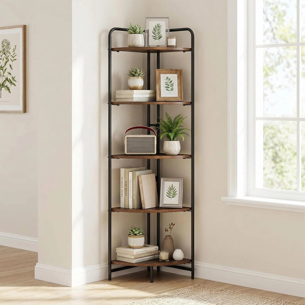 Libreria Angolare Pieghevole, Scaffale Stretto in Legno a 5 Ripiani, Organizer per Libri con Struttura Metallica, Design Industriale e Salvaspazio, per Casa Ufficio Studio, 34x34x151 cm