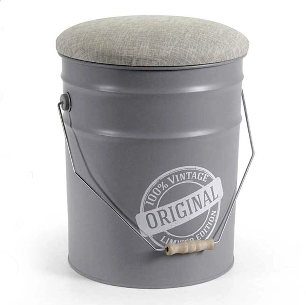 SGABELLO CONTENITORE IN LATTA CON SEDUTA IN TESSUTO 30X35 CM COLORE GRIGIO USATO COME NUOVO