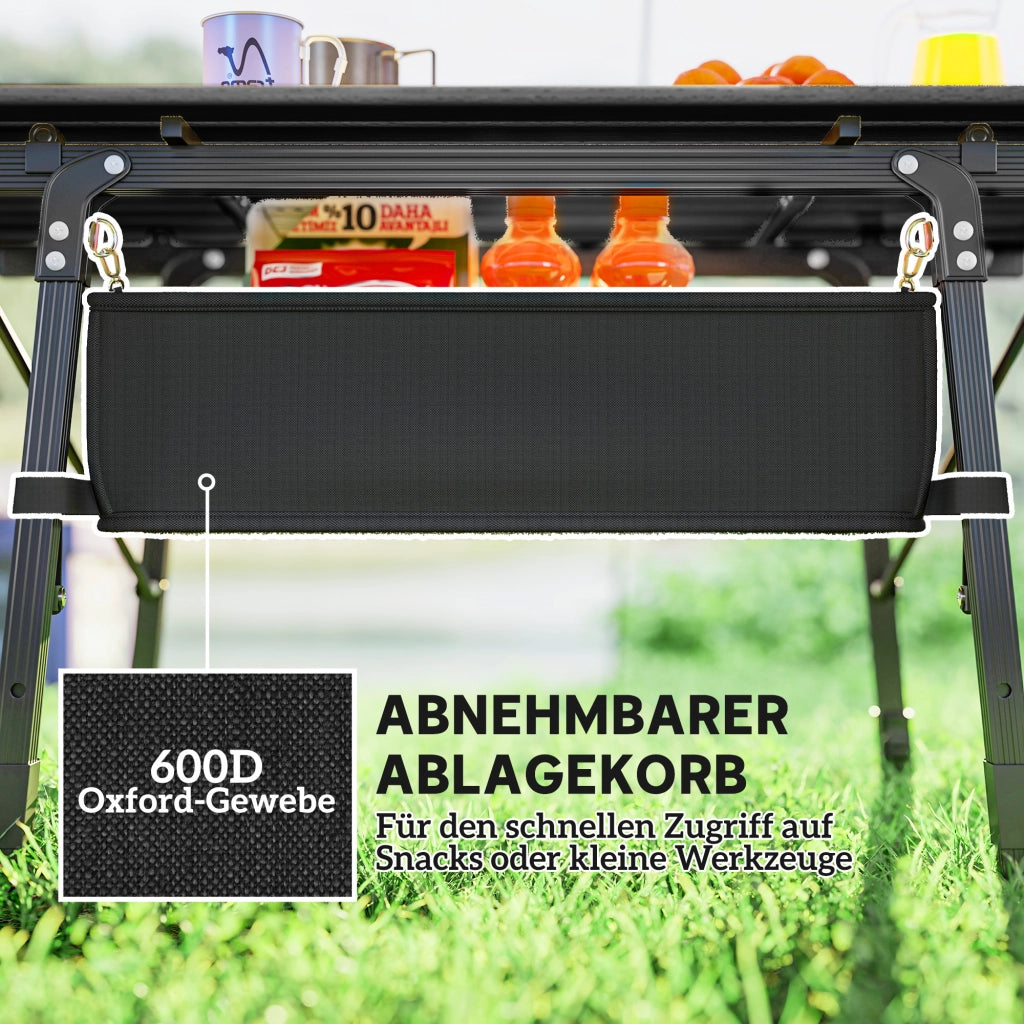 Tavolo Pieghevole da Campeggio con Cesto ¨C MINIMAL ¨C Alluminio Nero, Altezza Regolabile