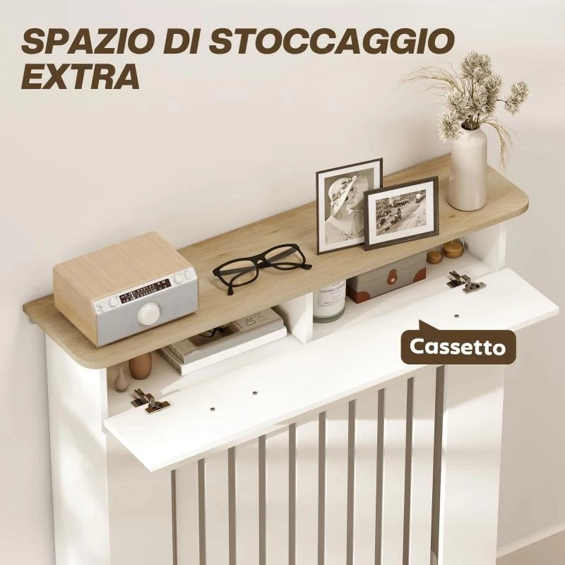 COPRITERMOSIFONE A DOGHE ANTIRIBALTAMENTO CON CASSETTO, IN LEGNO, 78X19X97 CM, BIANCO