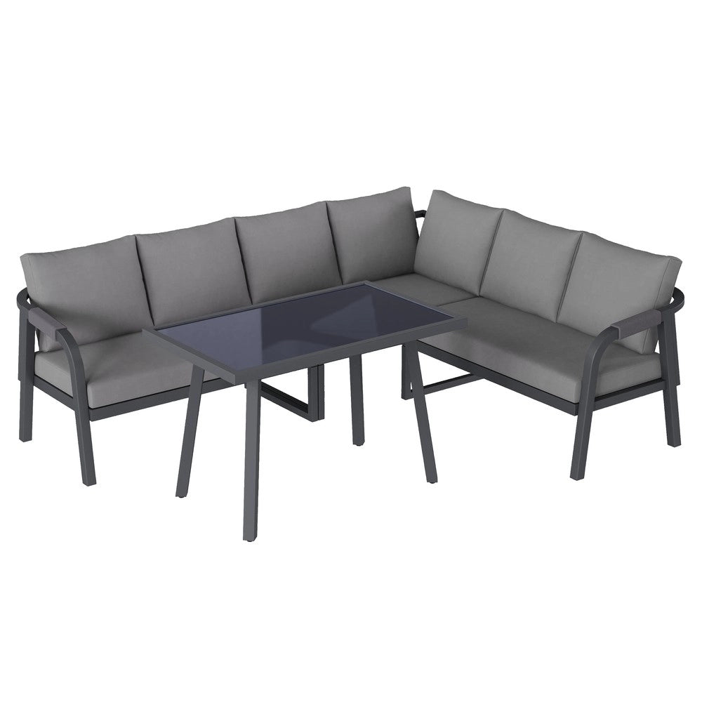 Set da Giardino con Divano ad Angolo e Tavolo, 6 Posti ¨C Xylo ¨C Polyrattan Grigio, Acciaio Zincato