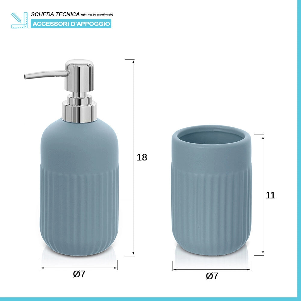 Set accessori bagno in ceramica turchese opaca con dispenser sapone e due portaspazzolini Cup