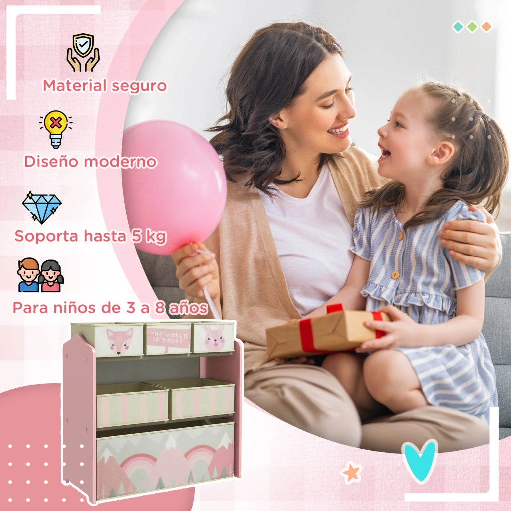 Libreria bambini con 6 cesti in tessuto ¨C Minimal ¨C rosa 63x30x66 cm