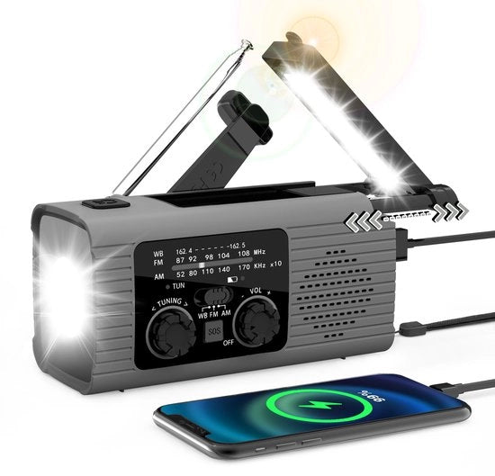 Radio di emergenza - Radio meteorologica - Batteria ricaricabile a mano o energia solare 2000mAh - Portatile - Adatto per campeggi e emergenze - Grigio