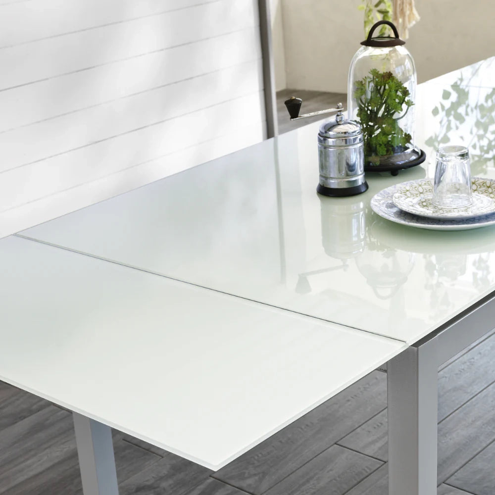 Tavolo da pranzo allungabile in vetro temperato bianco Marlow 130-200x80 cm fino a 8 posti | Duzzle