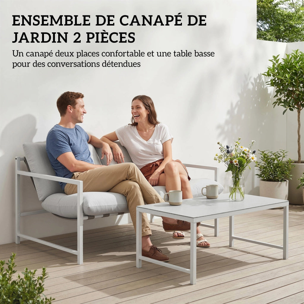 Divano 2 posti con cuscini e tavolo basso in vetro ¨C zephmum ¨C grigio chiaro 125x80x64cm