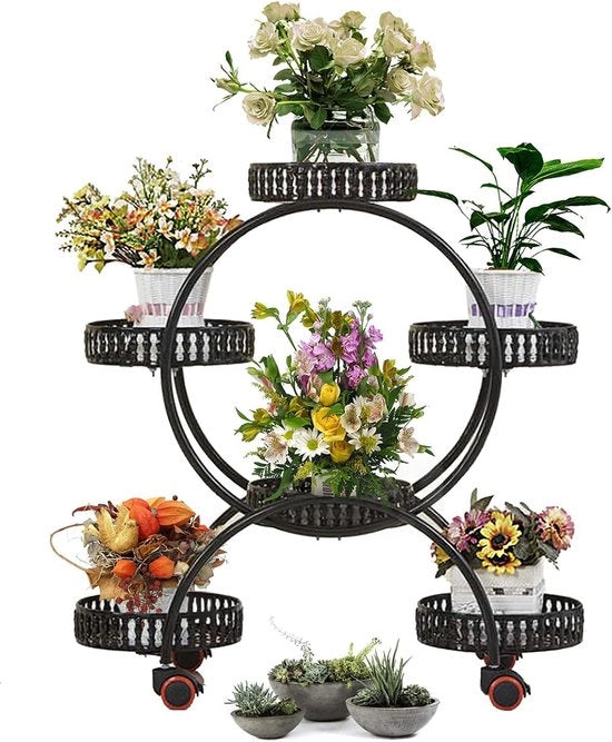 Stand per piante in metallo con pareti, 4 livelli, 6 livelli, stand per piante per interni ed esterni, stand per piante per arredamento interno, giardino, balcone, camera, ufficio, con 6 contenitori di drenaggio
