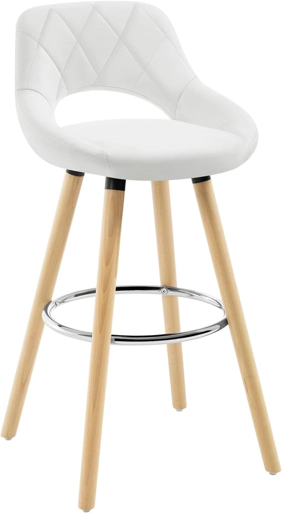 Sgabelli da Cucina Set di 2, Sgabello da Bar per Colazione, Sgabelli Alti con Poggiapiedi e Schienale, Sedile in Pelle Sintetica+Gambe in Legno, Bianco, BH111ws-2