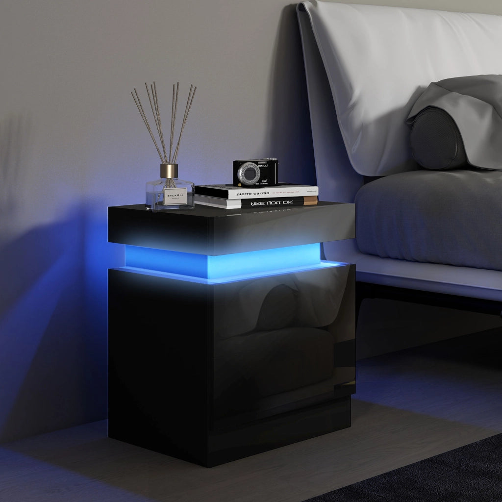 Comodino 45x35x52 cm Illuminazione LED a 16 Colori e 4 Modalità con 2 Cassetti in Legno Nero