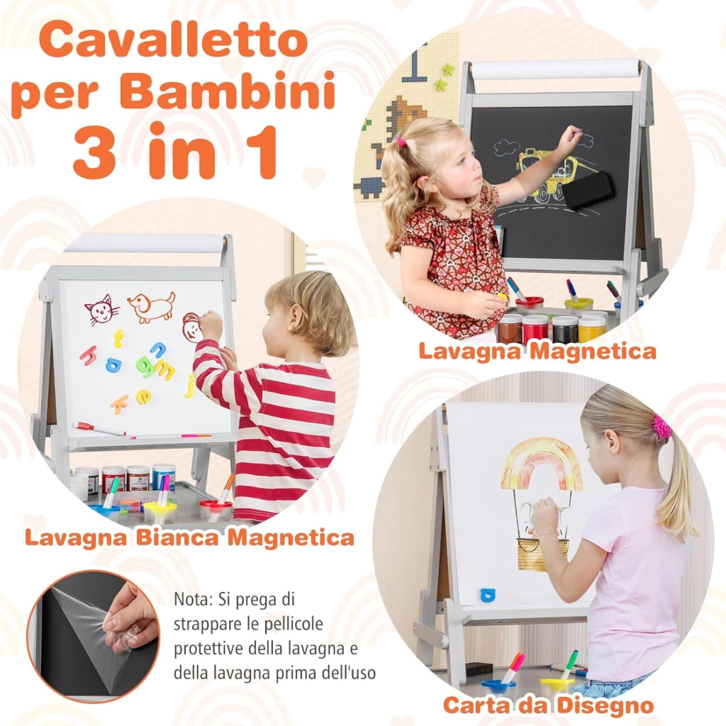 3 in 1 Cavalletto per Bambini, Cavalletto con Doppia Faccia Magnetica e Lavagna Bianca, Rotolo di Carta, 3 Bicchieri per Vernice e 2 Cestini in Tessuto, per Bambini 3-6 Anni (Grigio)