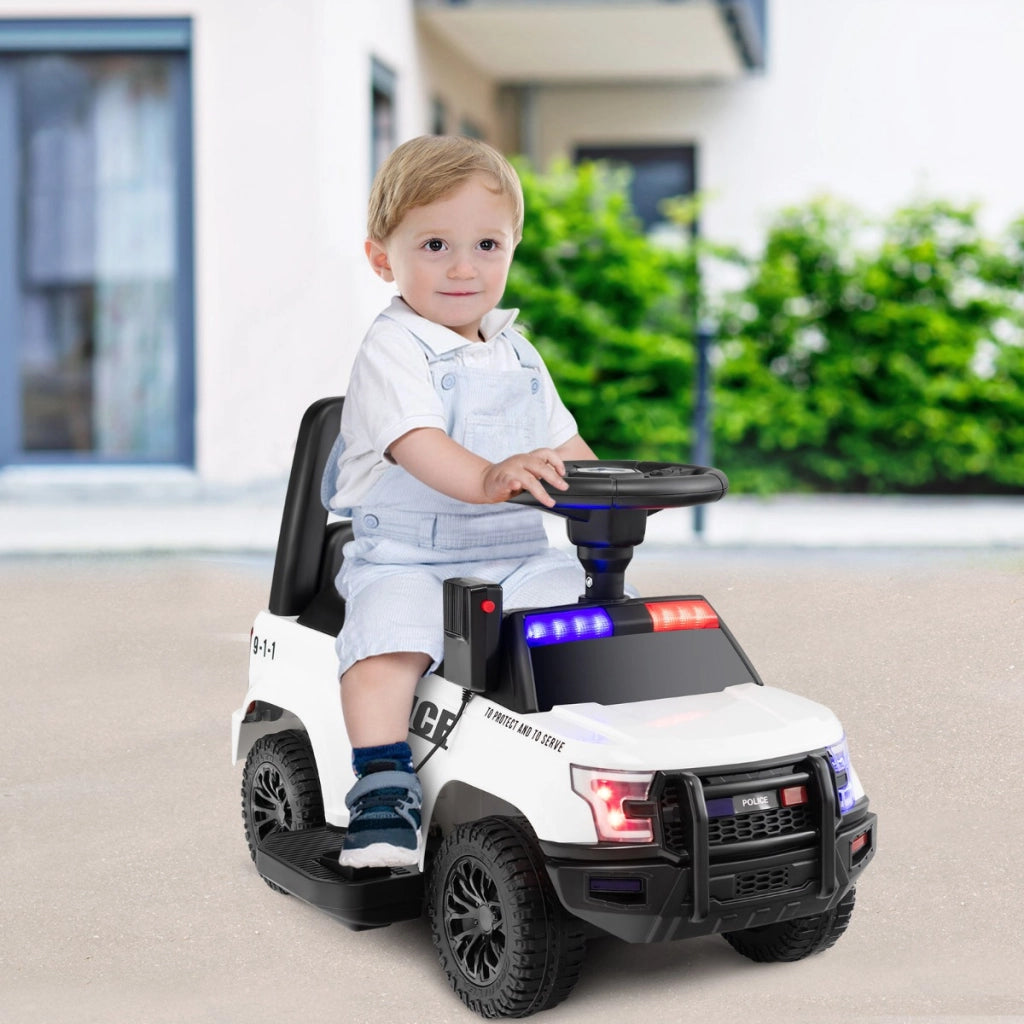 Auto della polizia giocattolo alimentata a batteria, Cavalcabile per bambini con megafono laterale clacson Bianco