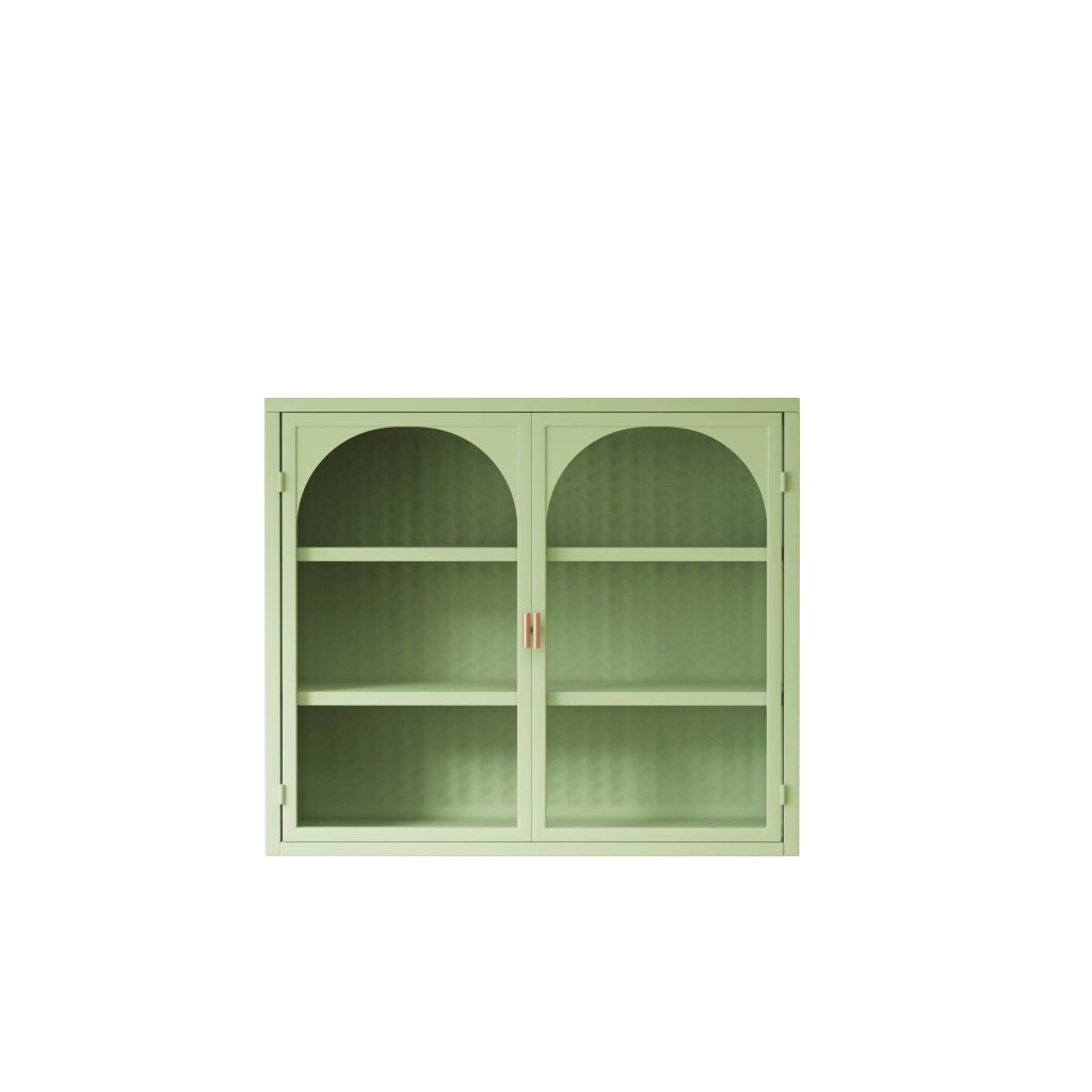 Pensile moderno a 2 ante in vetro e metallo verde con ripiano interno estraibile e 3 livelli di stoccaggio, 79,5 x 39 x 24 cm
