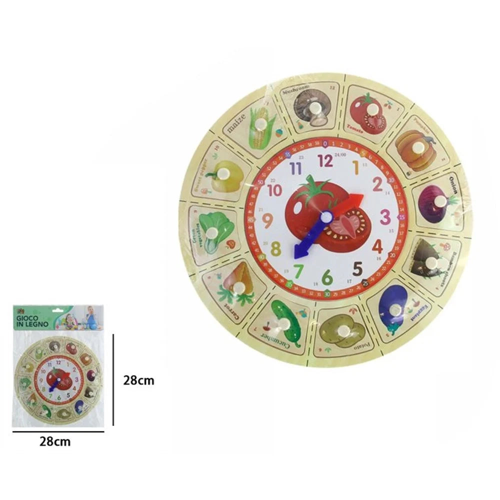 Trade Shop - Orologio Puzzle In Legno Educativo Gioco Con Tessere A Incastro Verdure Con Pomelli 53765 -