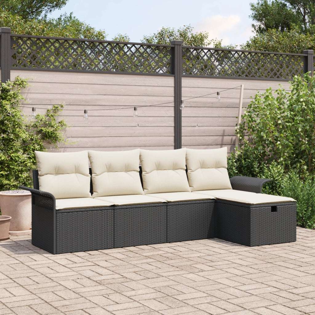 Set di 5 pezzi di divano da giardino con cuscini neri in polyrattan
