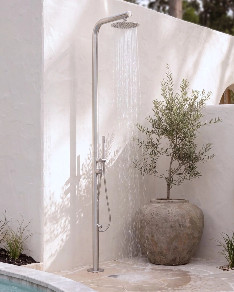 Set Doccia Miscelatore da Giardino per Esterni in Acciaio Inox Color Argento con Soffione a Pioggia Moderno