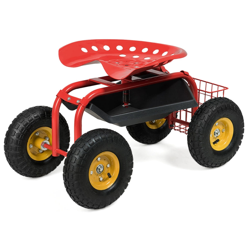 Sgabello da giardino con ruote seduta regolabile in altezza e girevole a 360¡ã cestello, Sedile per giardinaggio Rosso