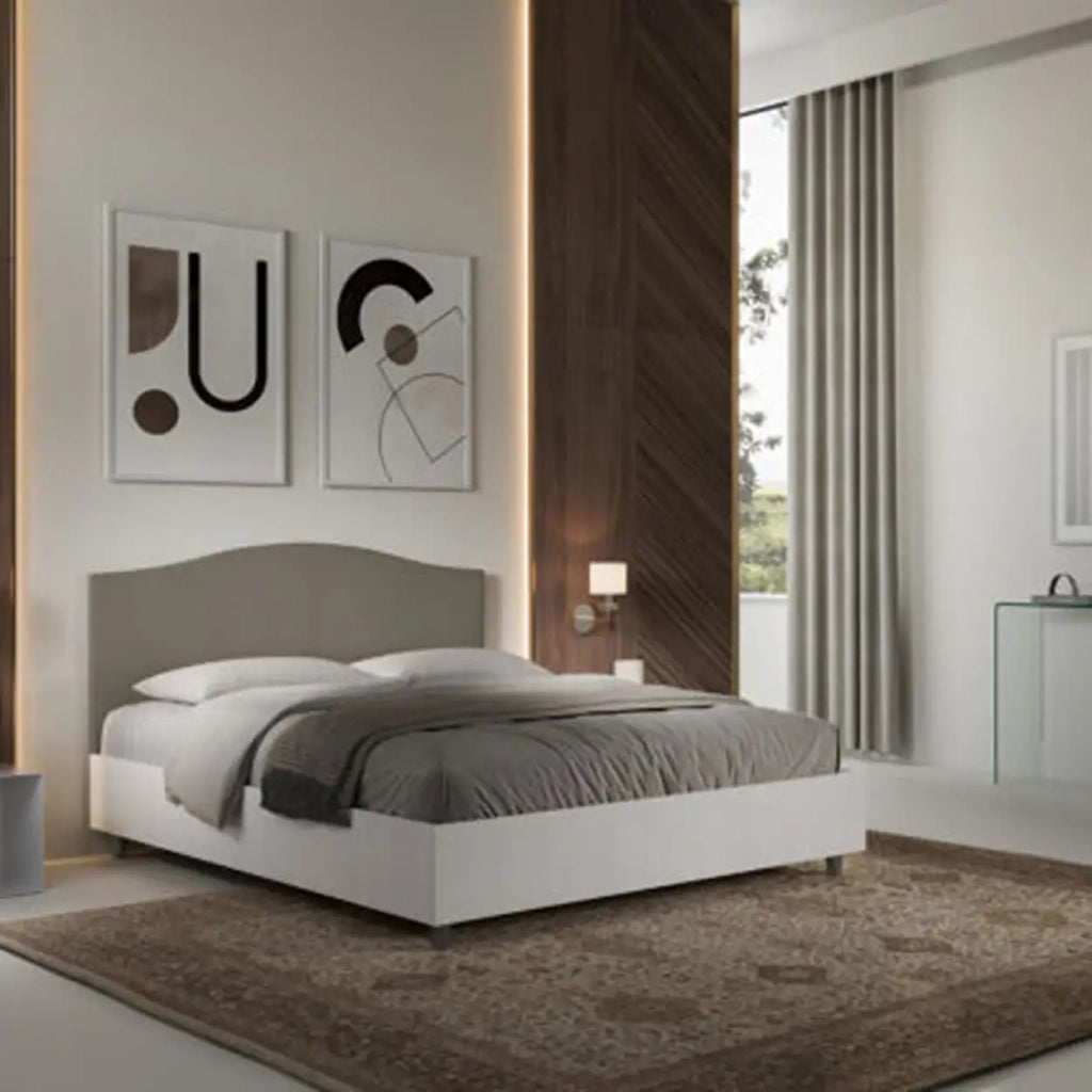 Letto matrimoniale contenitore doppia alzata 160x190 bianco frassino testata similpelle cappuccino Grace