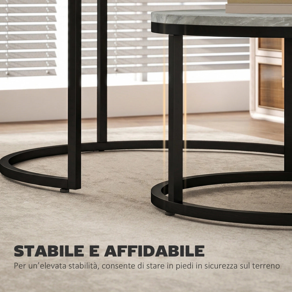 Set 2 Tavolini da Caff¨¨ Rotondi ¨C Xylo ¨C Effetto Marmo Grigio Legno Metallo