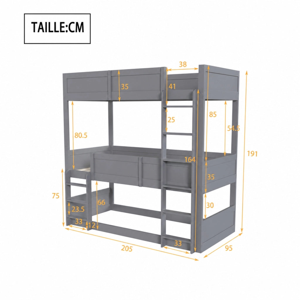 LETTO A CASTELLO TRIPLO 90 x 200 cm Grigio in legno