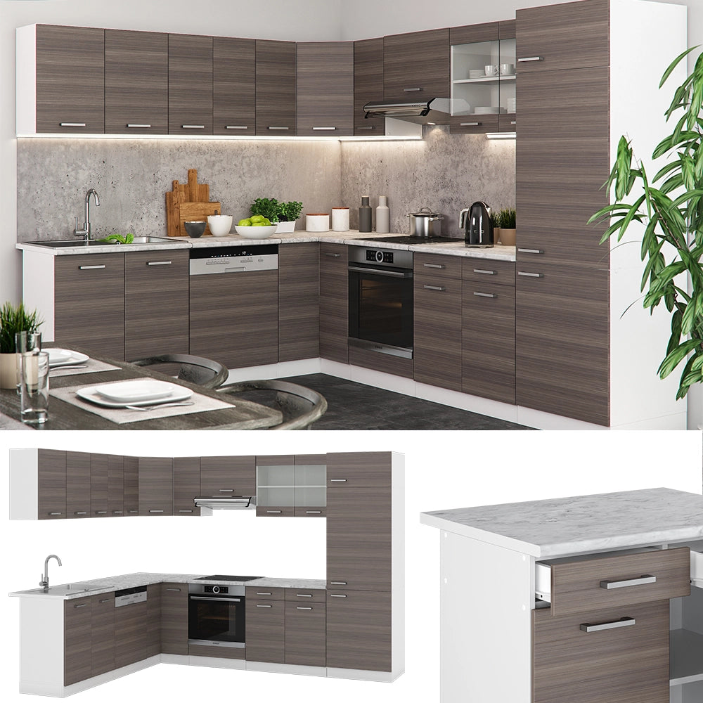 Vicco Cucina angolare completa Grigio prezioso/bianco 227 x 287 cm senza piano di lavoro