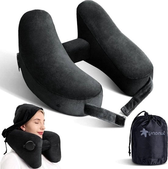 Cuscino gonfiabile con cappuccio - Supporto cervicale trasportabile per voli lunghi - Cappuccio in velluto - Accessori di sonno per viaggi
