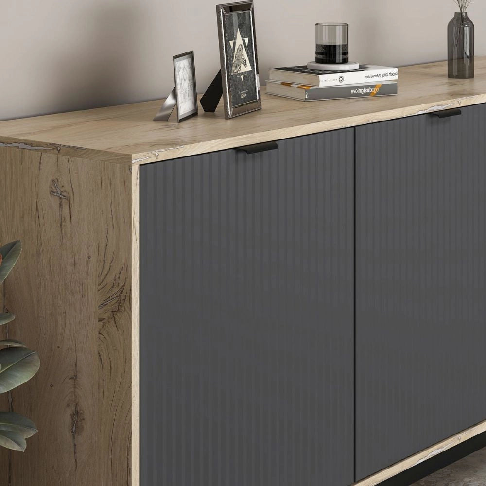 Madia Esta rovere chiaro e antracite con effetto cannettato 180x45x90H