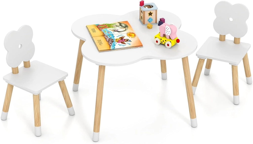 Set Tavolo per Bambini a Forma di Fiore, Tavolino e Sedia in Legno con 2 Sedie e Gambe in Legno di Pino Solido, Tavolino Bambini 3+ Anni per Disegno, Arte e Studio (Bianco)