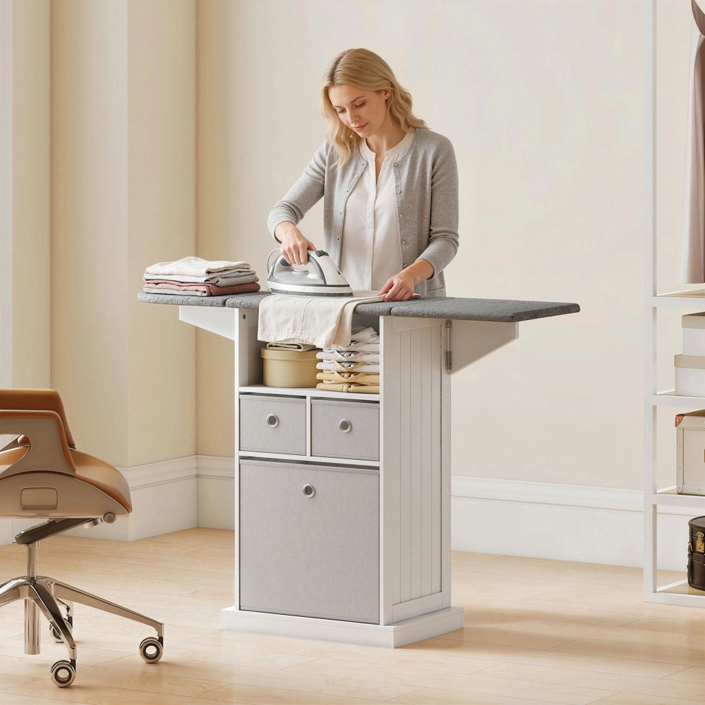 Mobile Asse da Stiro Pieghevole con 3 Cassetti ¨C zephmum ¨C Bianco Grigio 121x37x90 cm