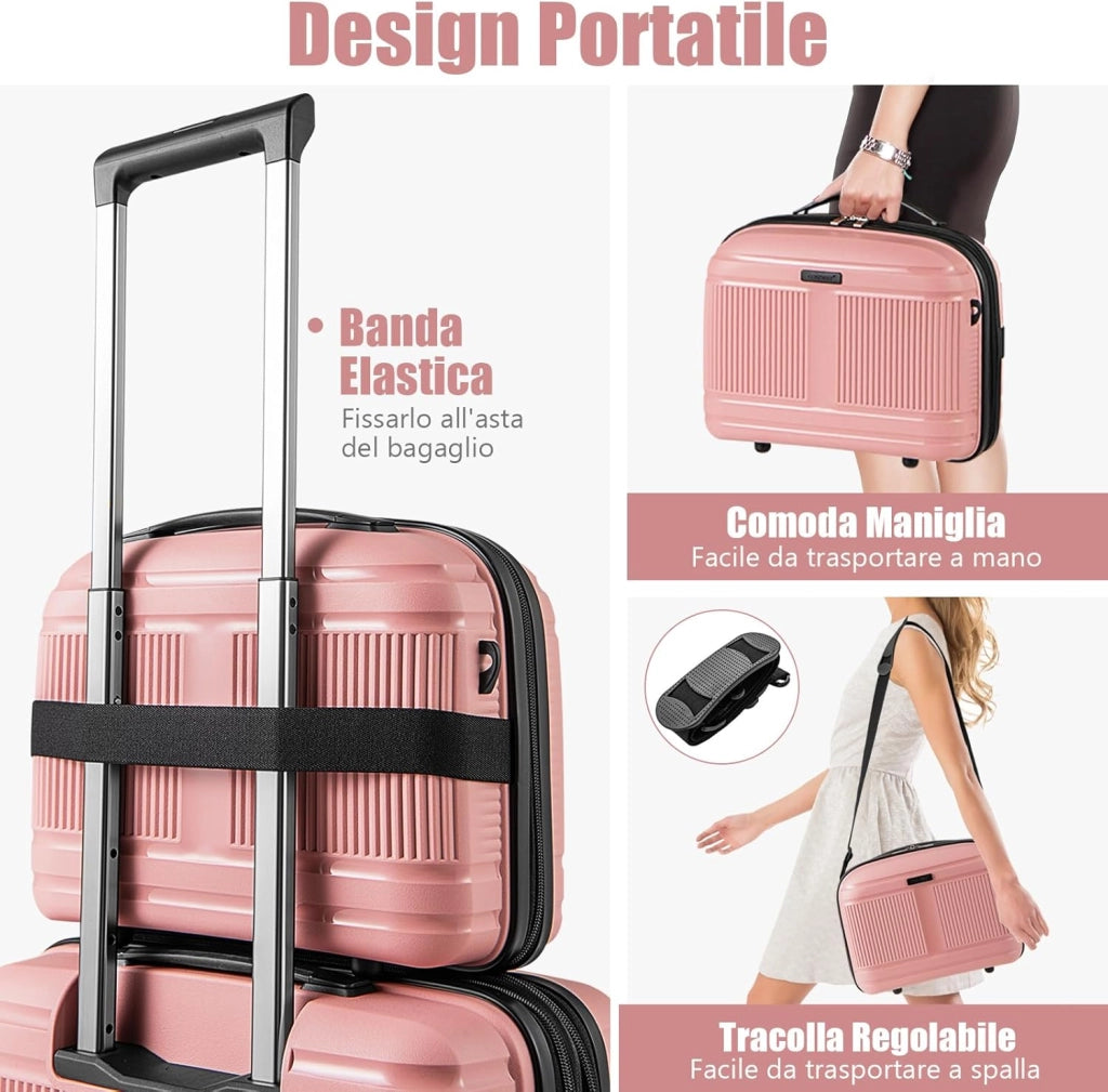 Valigia Bagaglio a Mano 20" con Beauty Case da Viaggio 14", Trolley Bagaglio a Mano con Lucchetto TSA, Porta USB, Ruote Girevoli e Manico Regolabile (Con Beauty + Rosa)