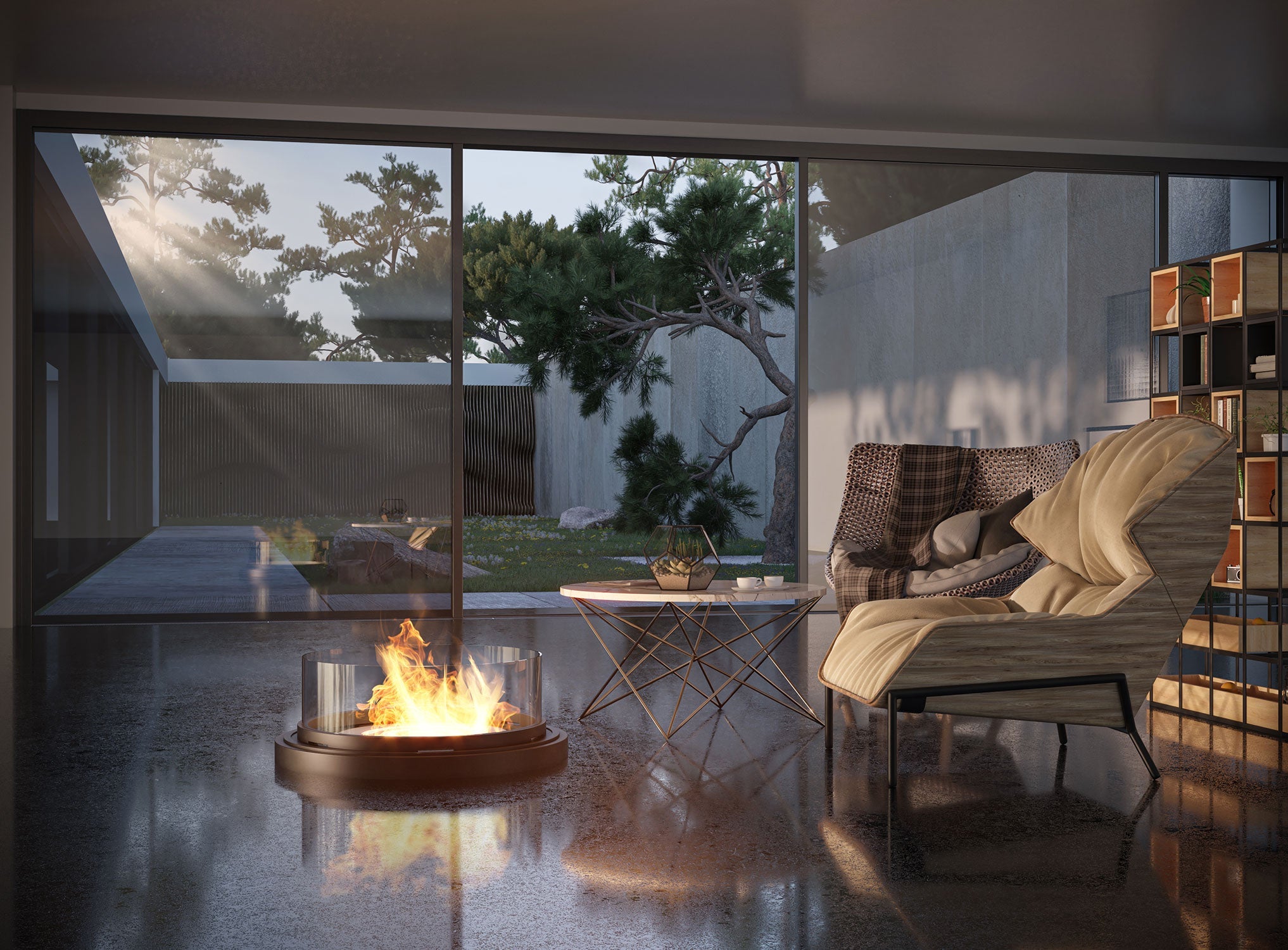 Camino a Bioetanolo da Pavimento Ø80 cm con Finta Canna Fumaria Inround Nero con Vetro