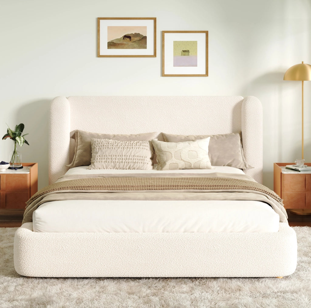 Letto matrimoniale contenitore in bouclé beige con rete 160x200
