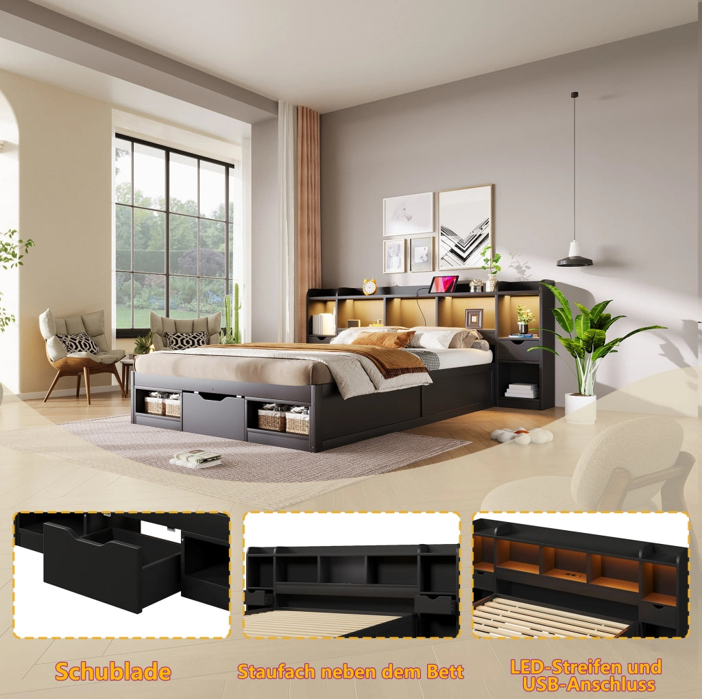 LETTO a piattaforma 140x200 cm con testiera e pediera contenitore nero