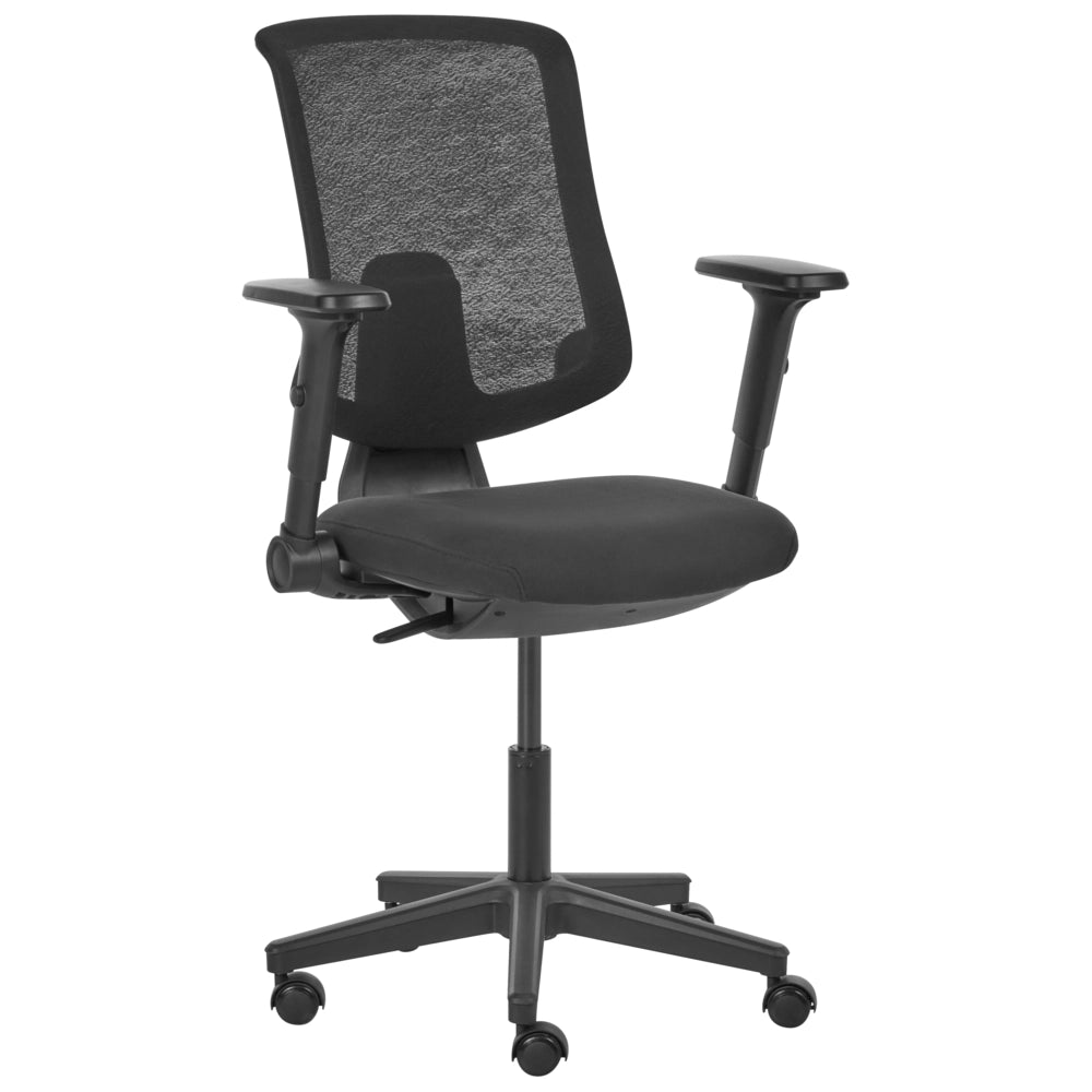 Sedia da ufficio in tessuto e rete nera, schienale e braccioli regolabili, design moderno, per l'ufficio domestico