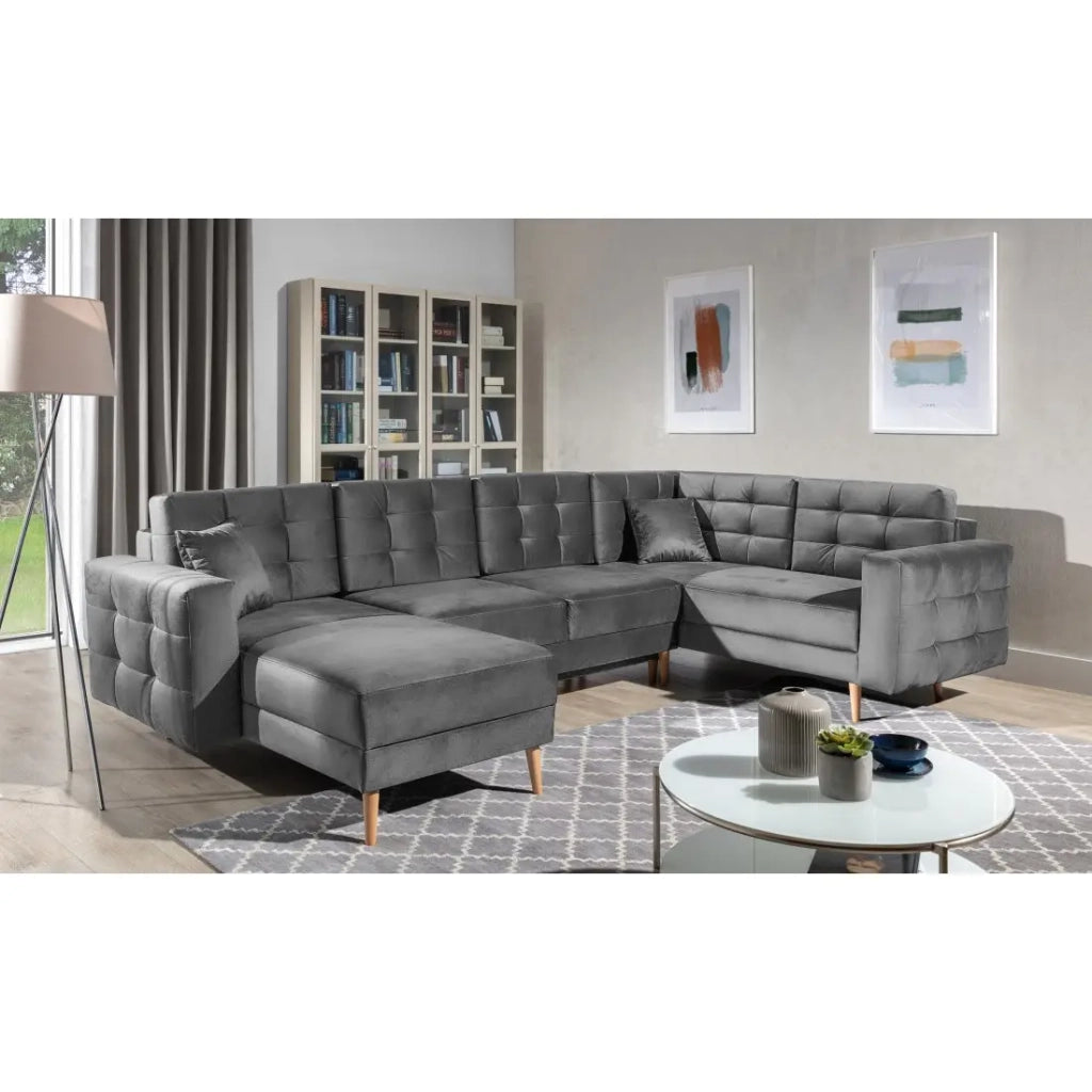Divano angolare panoramico convertibile U HASGARD 326 cm grigio velluto con contenitore