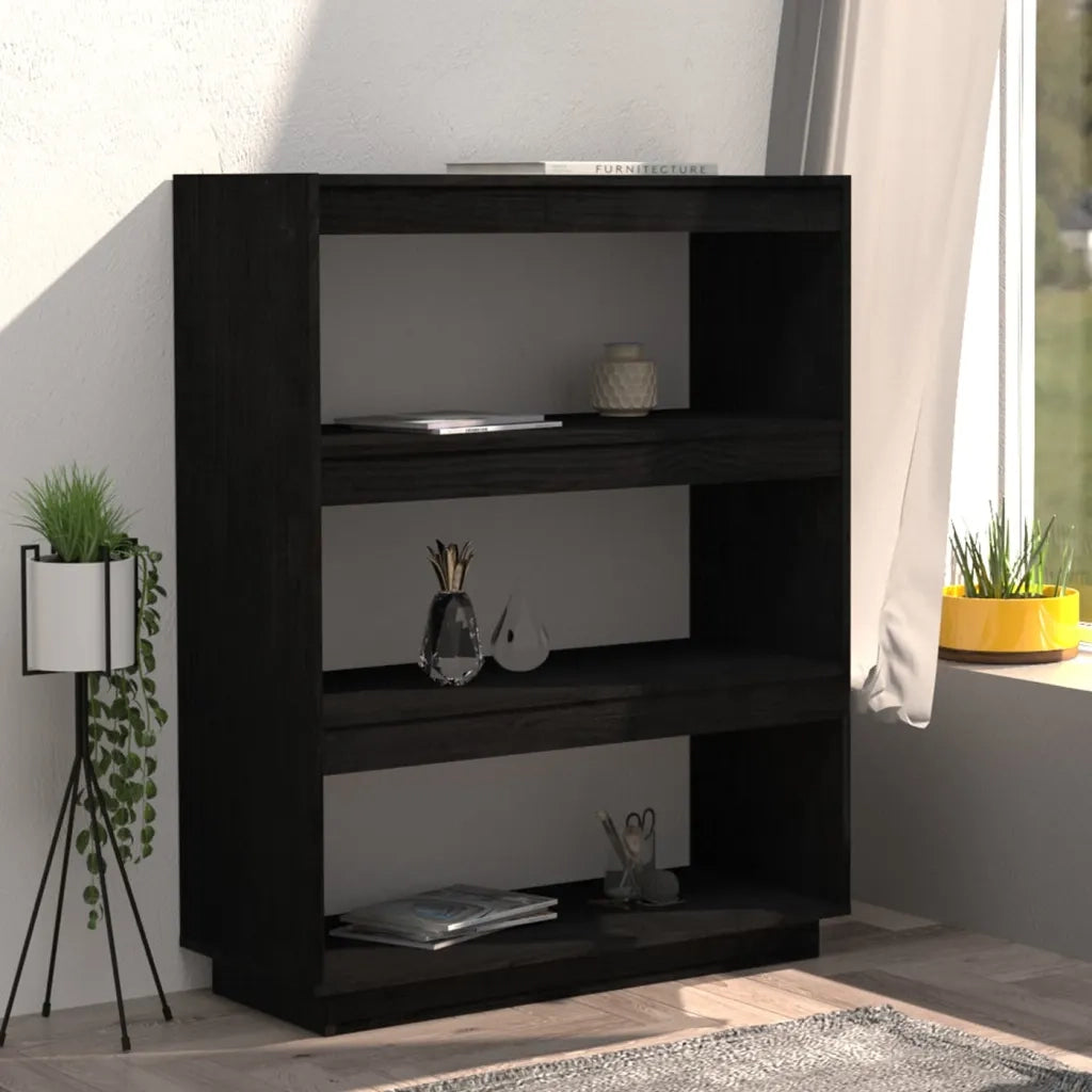 Libreria Divisorio-Scaffale per Libri-Mobile di Stoccaggio Nero 80x35x103 cm in Legno Massello di Pino