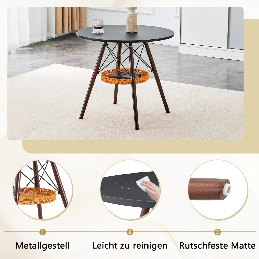 Tavolo da pranzo rotondo Ø80 cm nero e noce con cestino