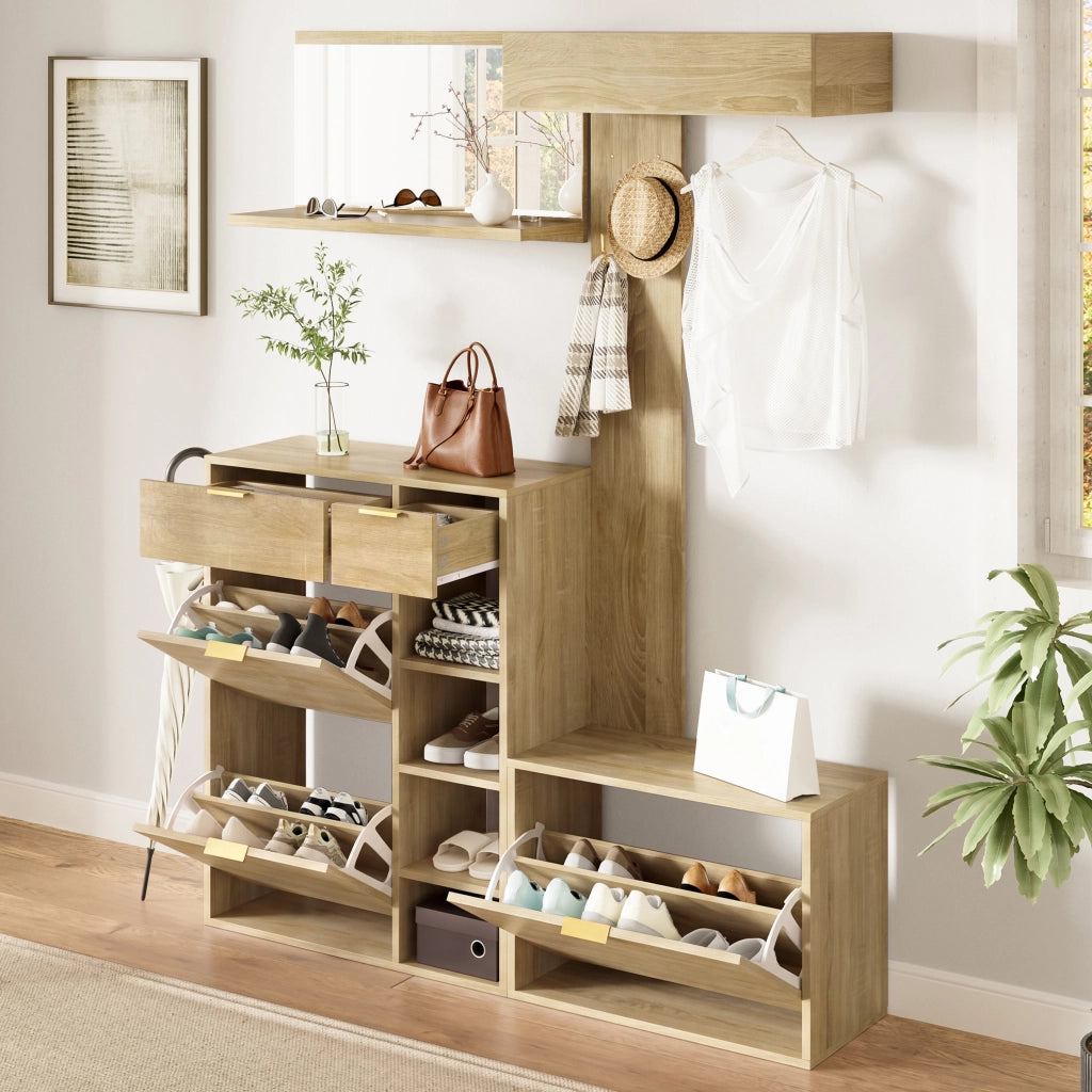 Set di mobili da ingresso con scarpiera; panca; specchio e appendiabiti in truciolato naturale 130 × 30 × 174 cm