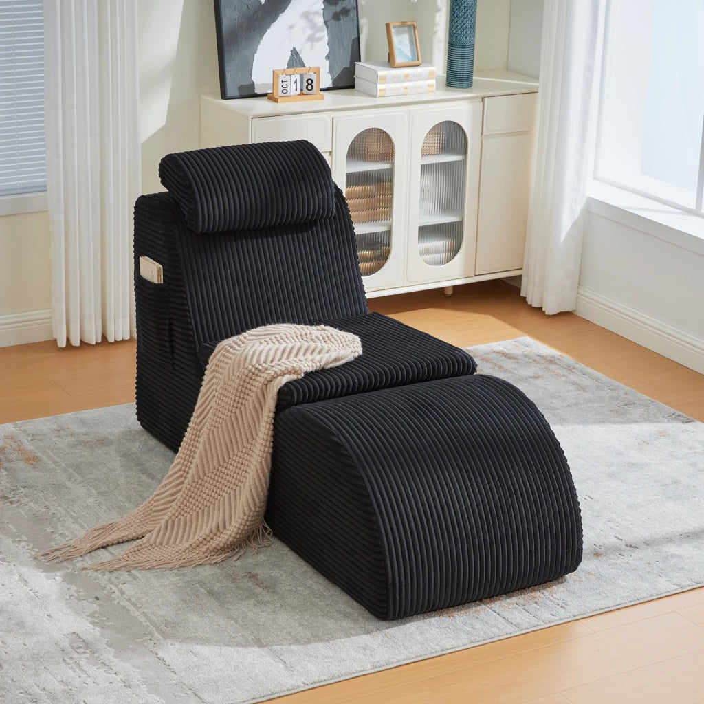 Fauteuil con design singolo ergonomico con poggiatesta e tasca laterale in velluto a coste nero