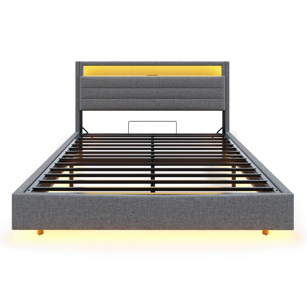 Letti contenitori 140x200 cm; contenitore idraulico con USB e LED; tessuto grigio