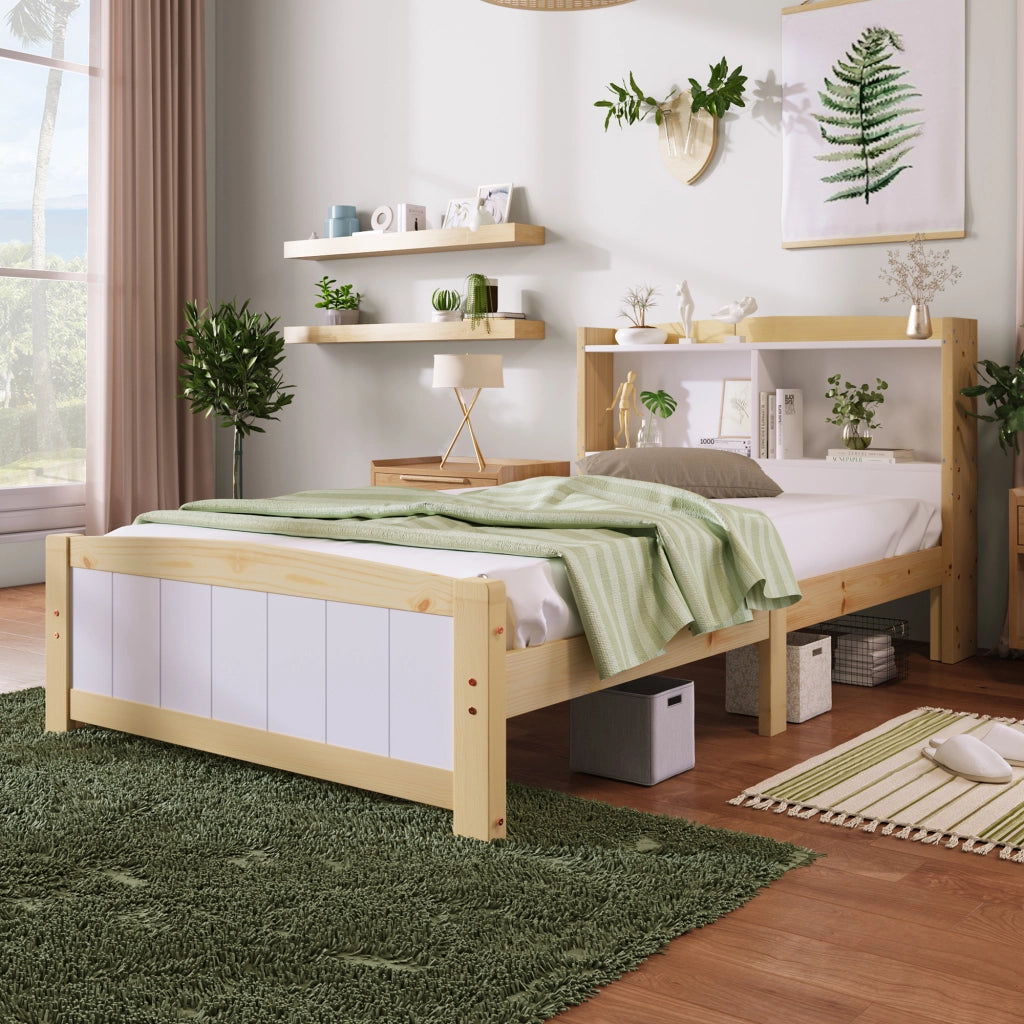 Letto singolo 90 × 200 cm con testiera contenitore, materasso incluso, in legno massello bianco