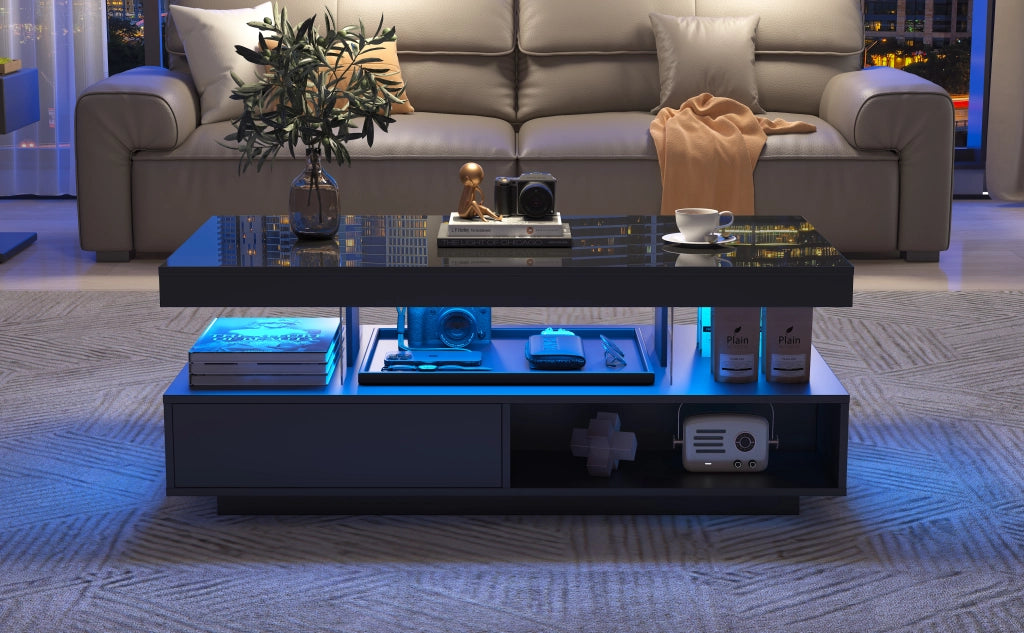 Tavolino da caffè in truciolare con 2 cassetti; 2 vani e LED - soggiorno - 95 x 50 x 42.5 cm