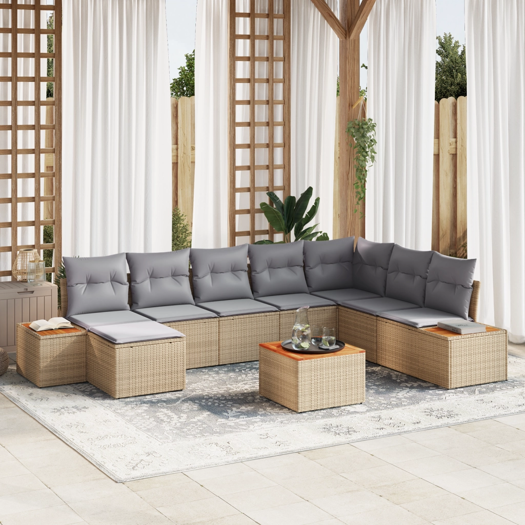 Set Divano da Giardino 9 Pezzi con Cuscini Beige Polyrattan Acacia