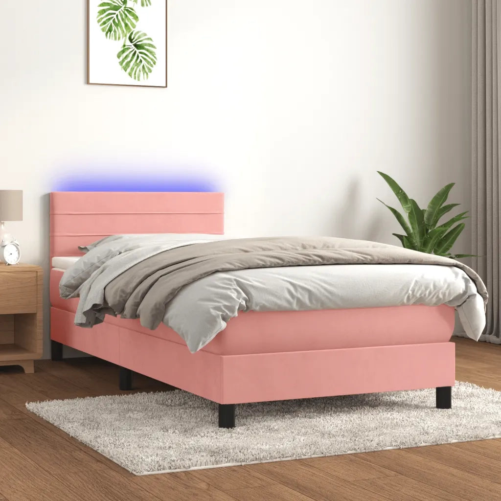 Letto singolo | Letto per adulti | Letto a Molle con Materasso e LED Rosa 90x200 cm in Velluto