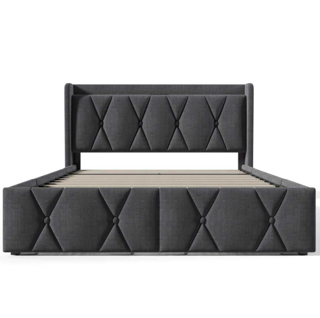Letto contenitore matrimoniale 140x200 cm in lino grigio con 4 cassetti; prese e USB