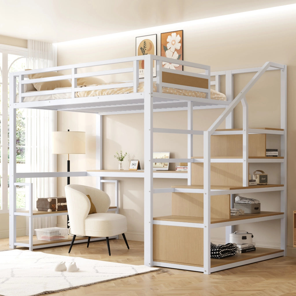 Letto a castello in metallo bianco con funzione contenitore e scrivania 140x200 cm