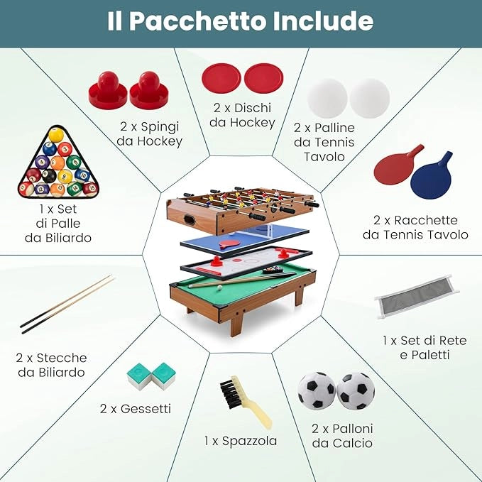 Tavolo Multigioco Gioco Multifunzione 4 in 1- Calcio Balilla, Biliardo, Ping Pong, Hockey, per Adulti e Bambini