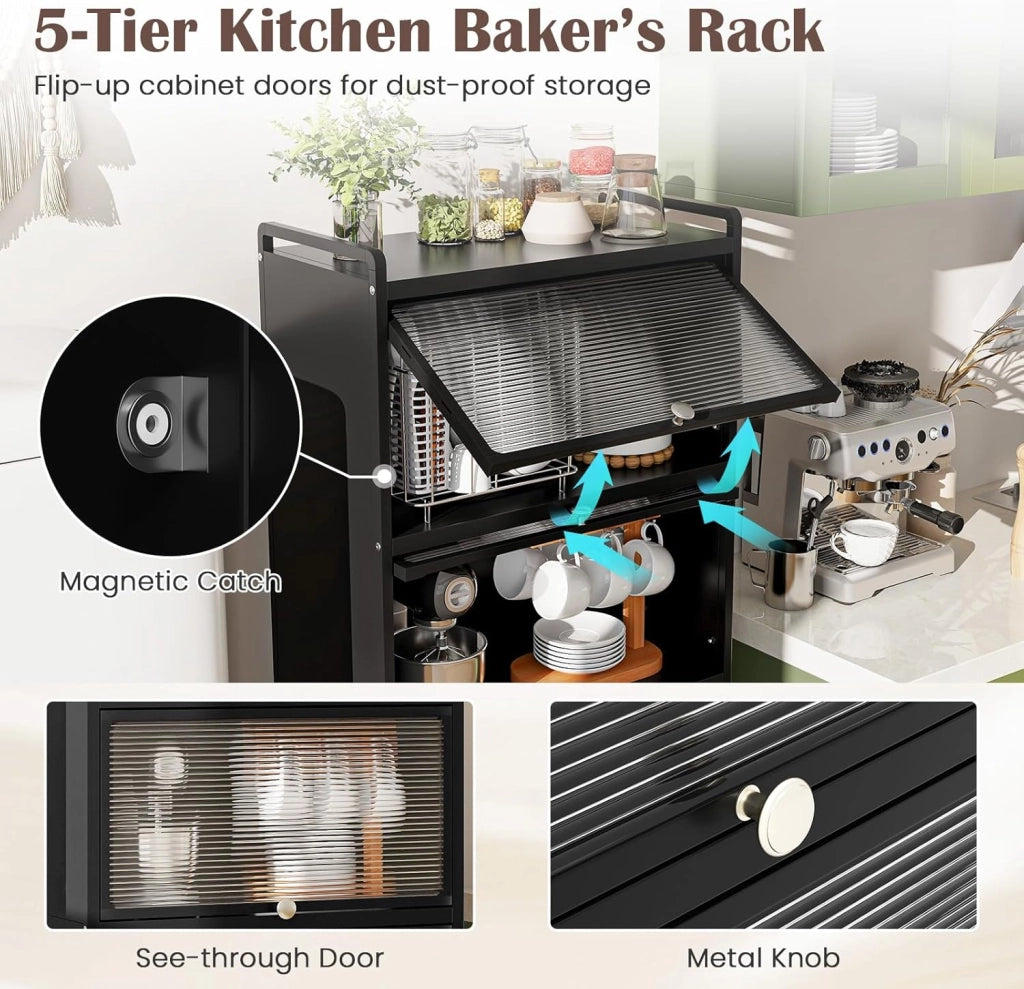 Credenza Cucina a 5 Livelli, Scaffale da Cucina in Piedi su Ruote, Mobile Cucina Dispensa con Ante in PC, con Protezione Antiribaltamento, 60 x 32 x 154 cm, 3 Colori (Nero)