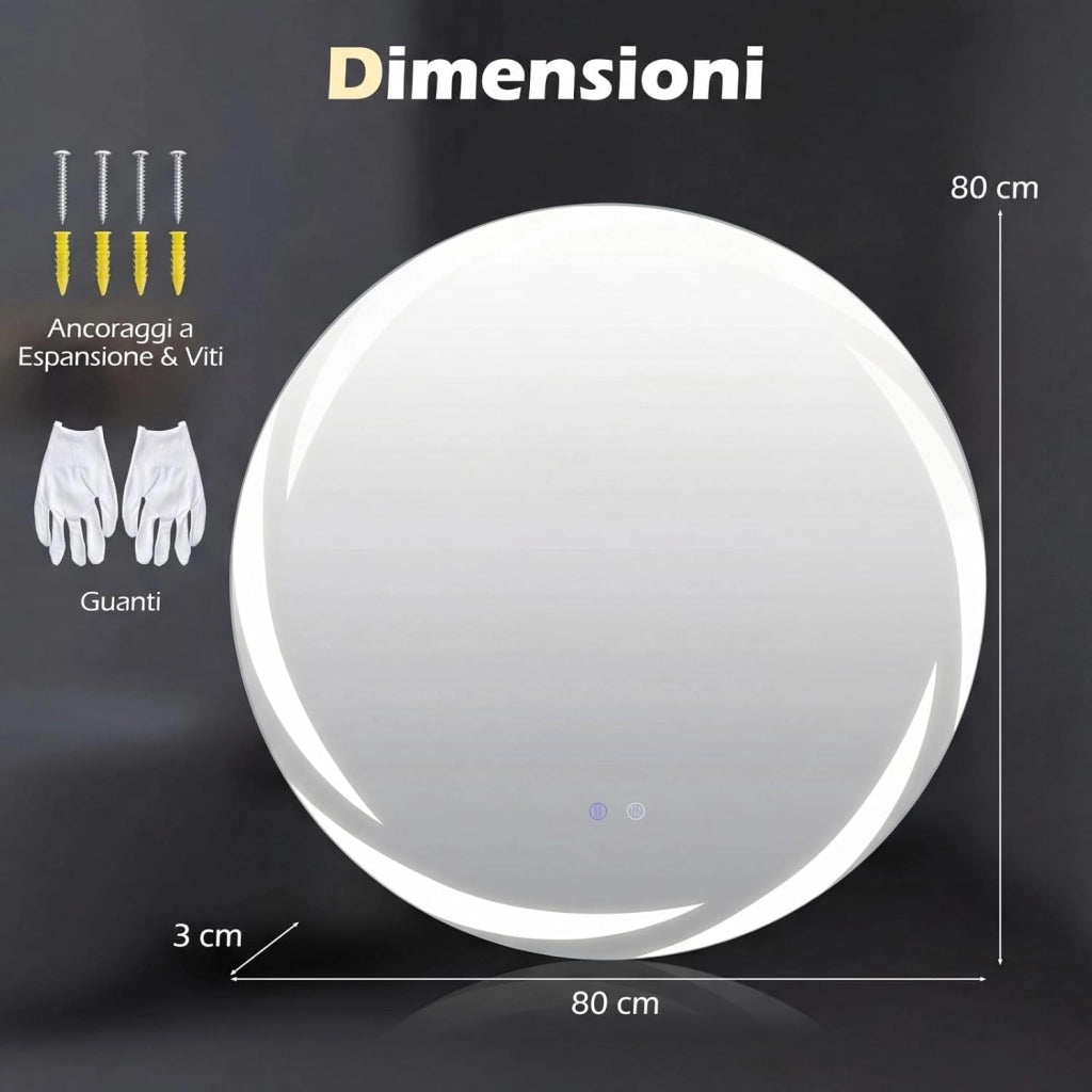 Specchio da Bagno con LED Rotondo 80 cm, Specchio da Parete Retroilluminato Dimmerabile con Vetro Temperato Antideflagrante, Luci a 3 Colori e Antiappannamento, IP44 (80 x 80 cm)