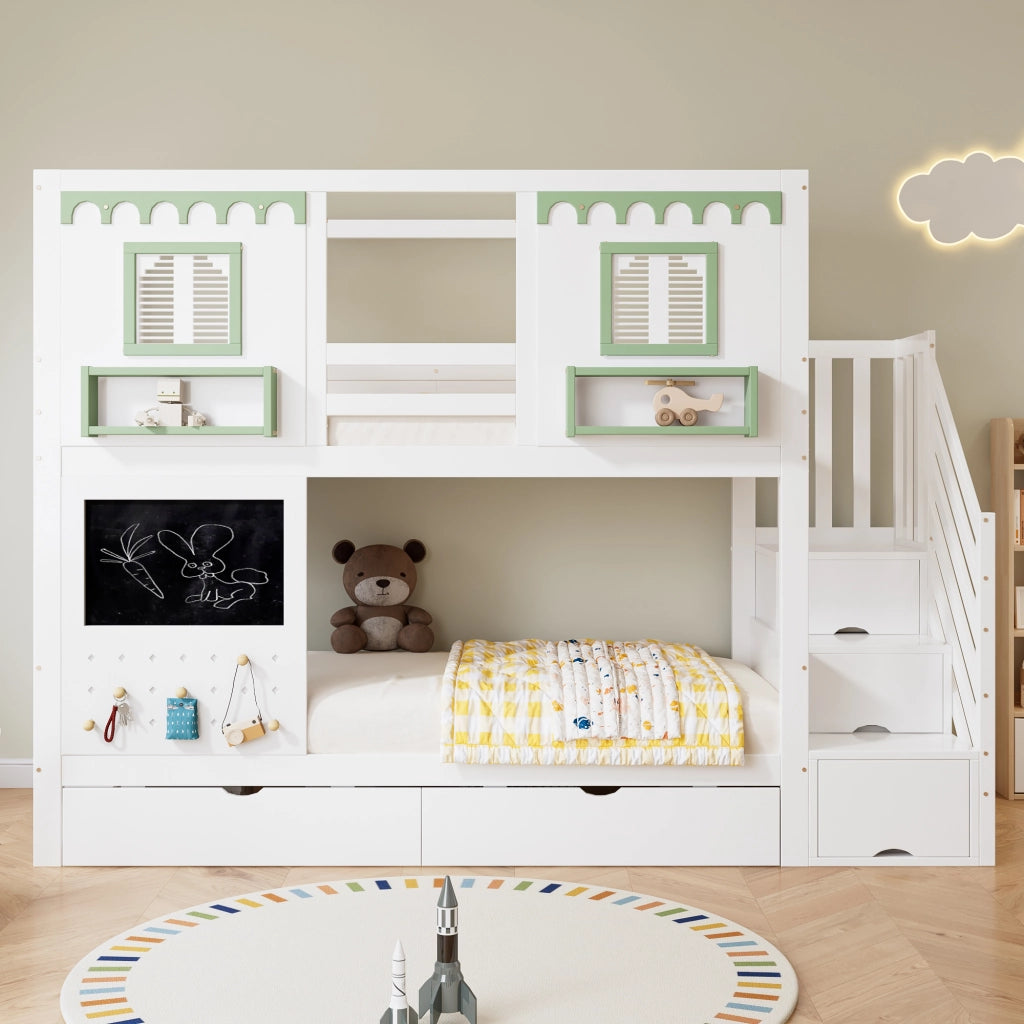 Letto a castello per bambini con pannello forato e cassetti, 90x200 cm, bianco/verde